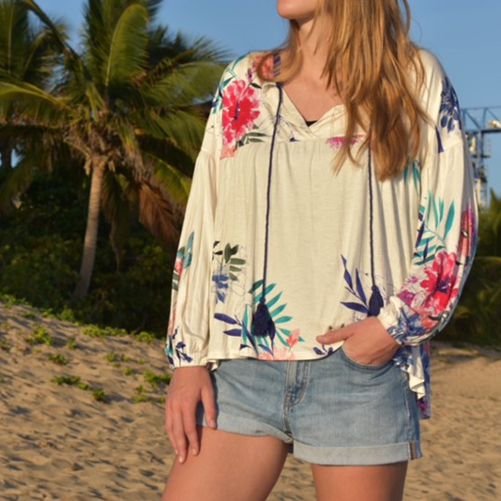 NWT Hawaiian Floral Print Top with Tassel Tie